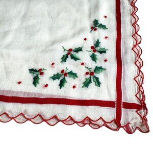 Embroidered handkerchief hankie 11-3/4 in. by 11-3/4 in. Red and white Christmas